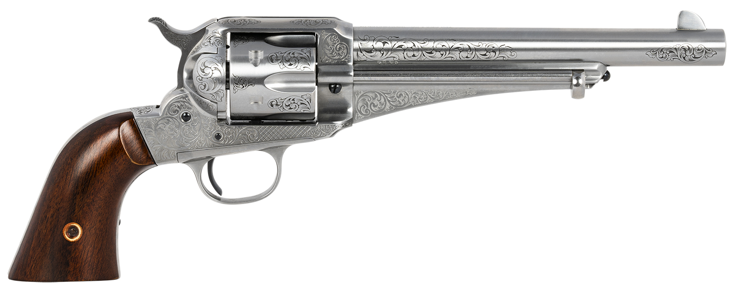 Taylors & Company 550389 1875 Army Outlaw 45 Colt (LC) Caliber with 7.50" Barrel, 6rd Capacity Cylinder, Overall White Engraved Finish Steel & Walnut Grip