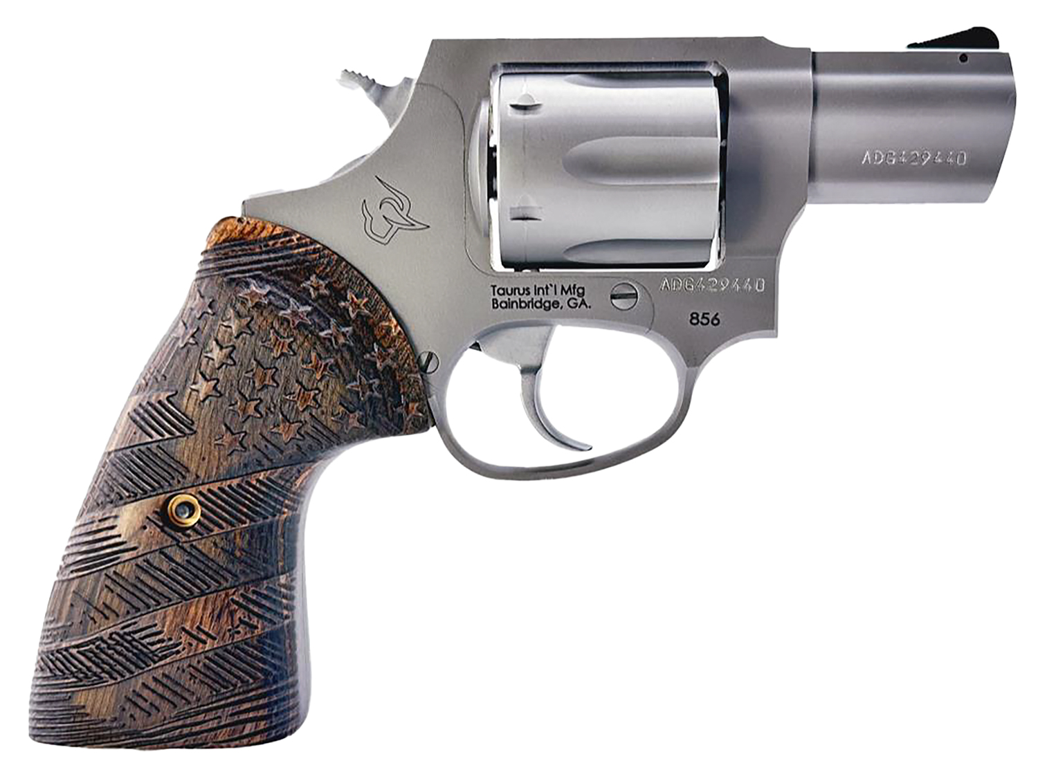 Taurus 2-85629-US2 856 Small 6 Shot 2" Matte Stainless Steel Barrel & Frame, Polished Cylinder, Custom Designed Wood Grip w/Stars, Transfer Bar Safety, Exposed Hammer 3 Taurus 2-85629-US2 856 Small 6 Shot 2" Matte Stainless Steel Barrel & Frame, Polished Cylinder, Custom Designed Wood Grip w/Stars, Transfer Bar Safety, Exposed Hammer