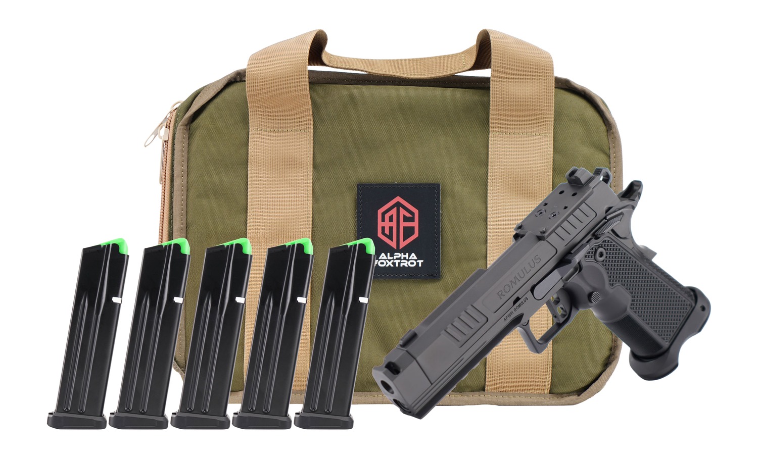 Alpha Foxtrot AA47X1CIG-XDBK20-PROM AF1911 Romulus Promo 9mm Luger 20+1 4.25" Black DLC Threaded Compensated Barrel, Black DLC Stainless Steel Optic Ready/Serrated Slide & Frame w/Beavertail & Picatin