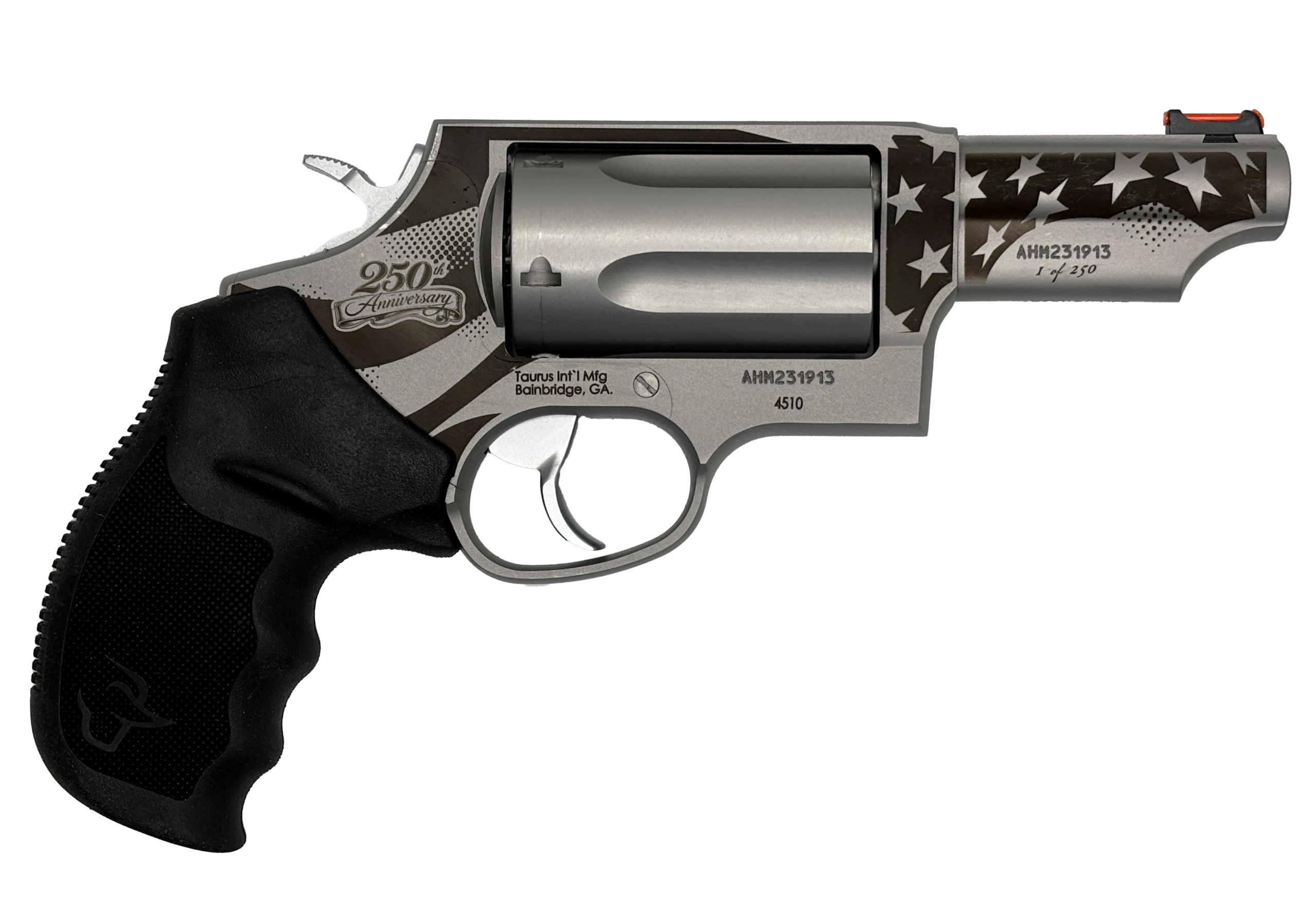 TAURUS JUDGE 250 ANNIVERARY 45LC/410 3IN BARREL 5RD SILVER US FLAG ON BARREL/FRAME BLK GRIP TALO 2-441039T-USA250 3 TAURUS JUDGE 250 ANNIVERARY 45LC/410 3IN BARREL 5RD SILVER US FLAG ON BARREL/FRAME BLK GRIP TALO 2-441039T-USA250