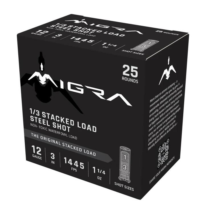 Migra Waterfowl Steel Stacked Load Shotshell 12ga 3" 1-1/4oz 1445 fps #1 & #3 25/ct 3 Migra Waterfowl Steel Stacked Load Shotshell 12ga 3" 1-1/4oz 1445 fps #1 & #3 25/ct