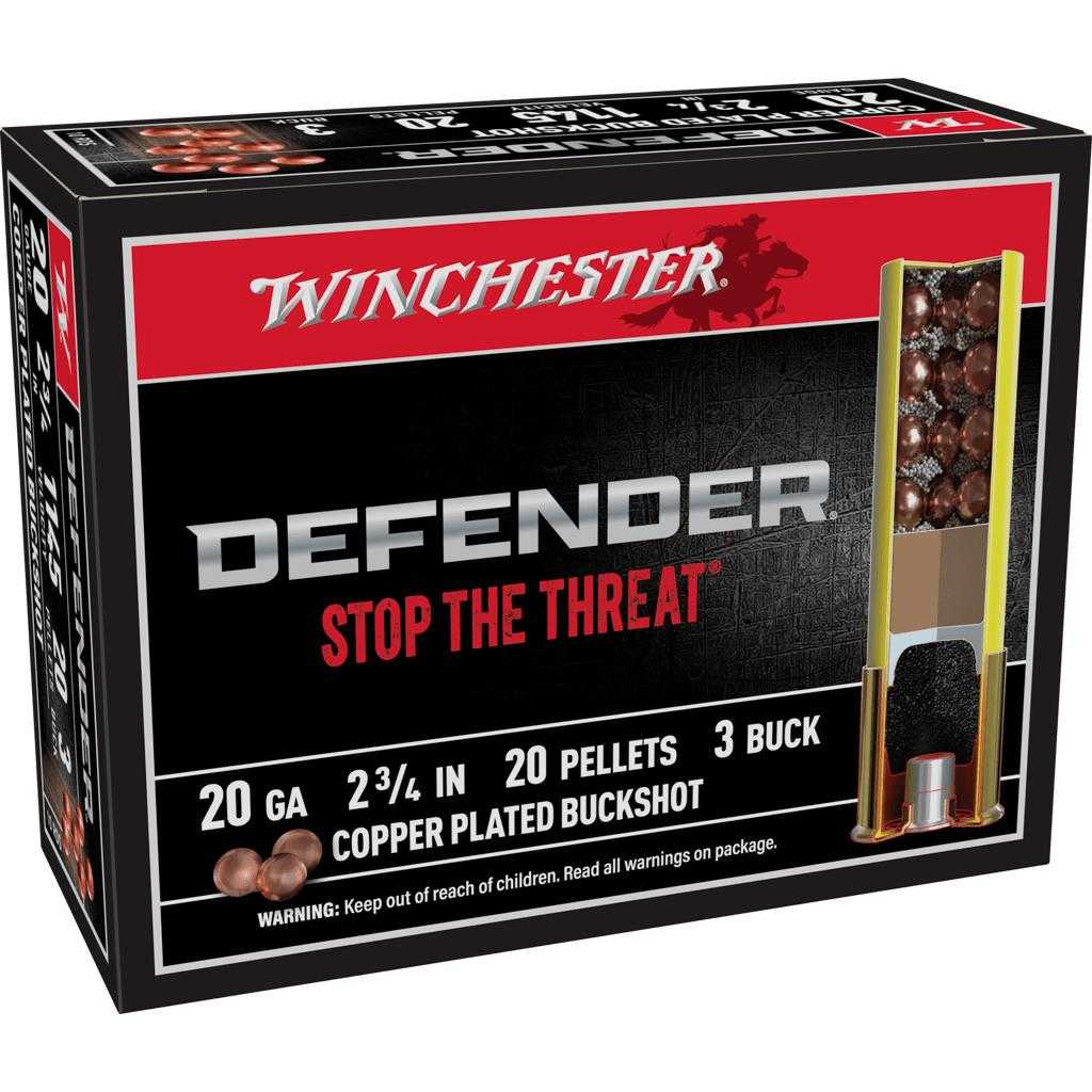 Winchester Copper Plated Defender Shotshell 20 ga 2-3/4" 20 pellet 1145 fps #3 10/ct 3 Winchester Copper Plated Defender Shotshell 20 ga 2-3/4" 20 pellet 1145 fps #3 10/ct