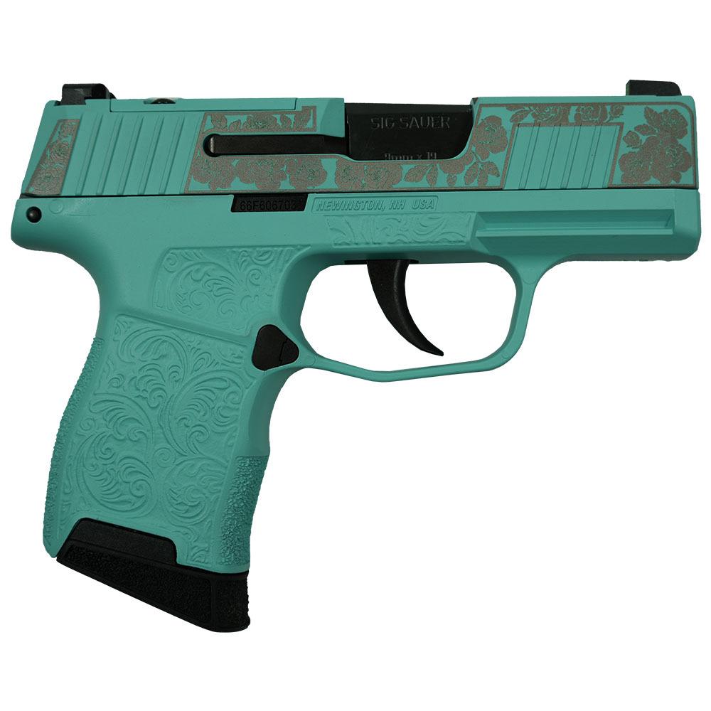 Sig Sauer "Gun & Roses-Robin's Egg Blue" P365 Optic Ready Handgun 9mm Luger 10rd Magazines(2) 3.1" Barrel X-RAY 3 Sights 3 Sig Sauer "Gun & Roses-Robin's Egg Blue" P365 Optic Ready Handgun 9mm Luger 10rd Magazines(2) 3.1" Barrel X-RAY 3 Sights