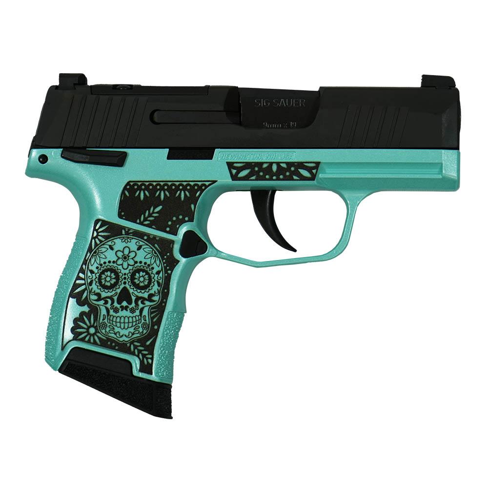 Sig Sauer "Sugar Skull Robin's Egg Blue Glitter" P365 Optic Ready Handgun 9mm Luger 10rd Magazines(2) 3.1" Barrel X-RAY 3 Sights Manual Safety 3 Sig Sauer "Sugar Skull Robin's Egg Blue Glitter" P365 Optic Ready Handgun 9mm Luger 10rd Magazines(2) 3.1" Barrel X-RAY 3 Sights Manual Safety