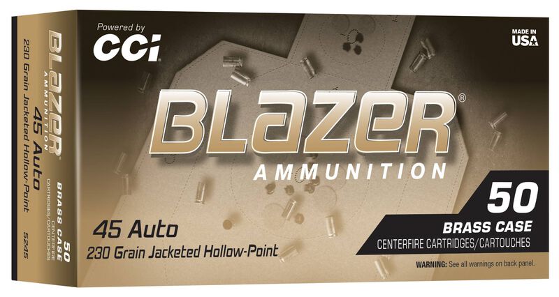 CCI 45 AUTO 230 GR BLAZER BRASS JHP 50 RD/BX 10 BX/CS 3 CCI 45 AUTO 230 GR BLAZER BRASS JHP 50 RD/BX 10 BX/CS