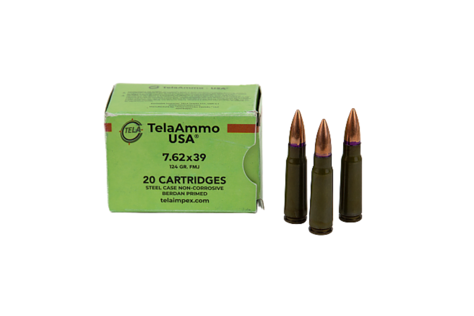TELA AMMO USA 7.62X39 124G FMJ STEEL CASE, NON CORROSIVE 20RD BX 1000RD CASE 3 TELA AMMO USA 7.62X39 124G FMJ STEEL CASE, NON CORROSIVE 20RD BX 1000RD CASE